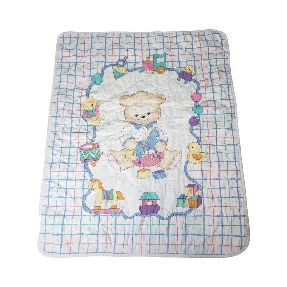 Vintage Teddy Bear Nursery Baby Quilt Reversible Footprint Grid Pastel 38x32